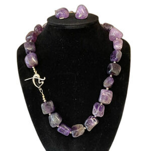 Artisan Genuine Chunky Amethyst Gemstone Necklace Earring Set 925 Silver Boho